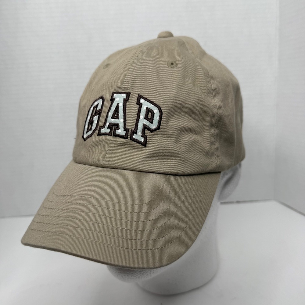 Vintage GAP Baseball Cap Unisex M/L Tan Khaki Polka Dot Blue Logo Hat Y2K 2007
